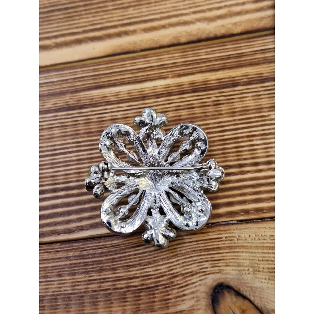 Vintage Rhinestone Brooch With Enamel Flowers Silver Tone 1.5